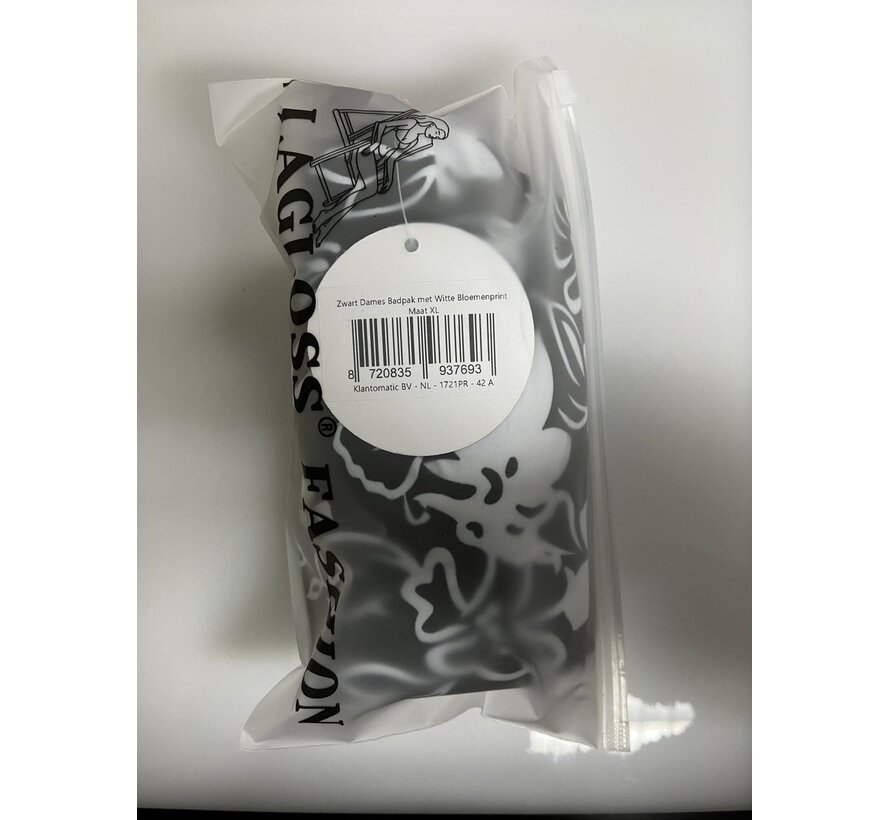 LaGloss® Zwart Dames Badpak met Witte Bloemenprint - Open Rug – Ronde hals – Stretch Zwempak – Zomermode – Beach fashion – Maat XL