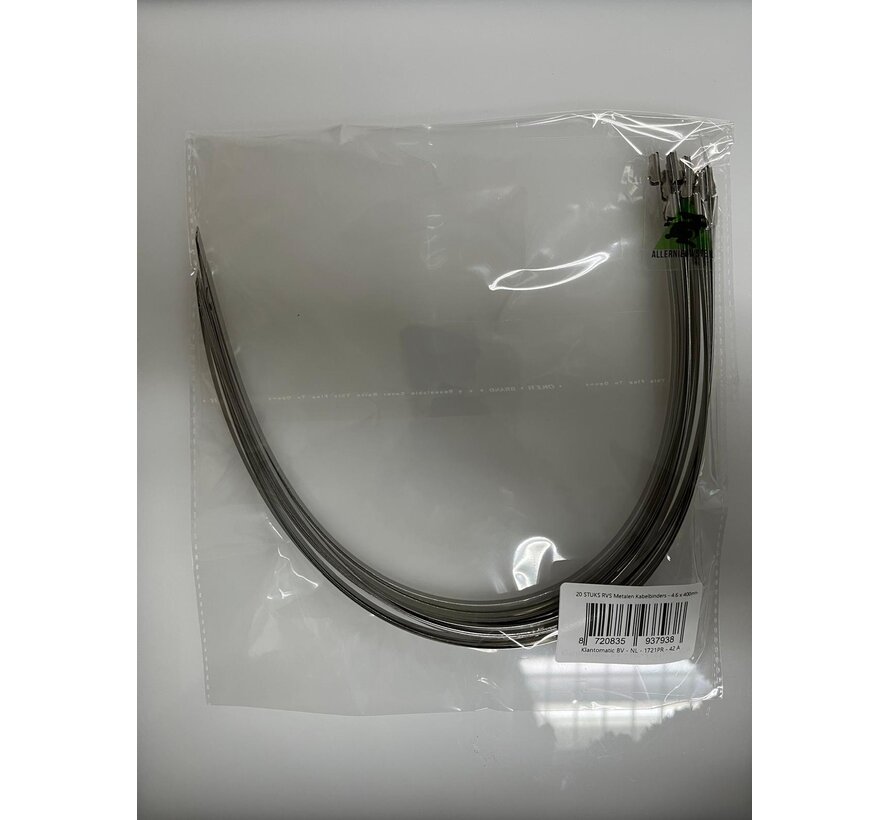 Allernieuwste.nl® 20 STUKS RVS Metalen Kabelbinders Tie Wraps Tyraps 4.6 x 400 mm - max 90 kg Trekkracht - Binnen en Buiten - Waterafsotend UV- Roest- en Chemisch Bestendig - 4.6 x 400mm - 20 Stuks