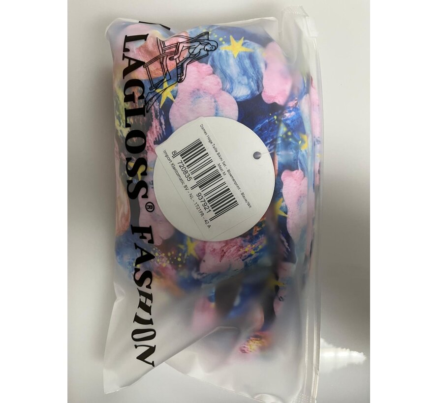 LaGloss® Dames Hoge Taille Bikini Set – Bloemenprint & Buikcontrole – Blauw/Wit Tweedelig Badpak – Rekbare Stof – Maat M