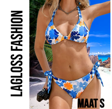 LaGloss Dames Blauwe Tropische Print Bikini Set Met Haltertop en Omkeerbaar Broekje – Maat S