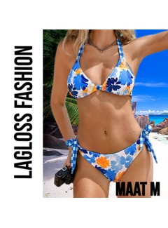 LaGloss Dames Blauwe Tropische Print Bikini Set Met Haltertop en Omkeerbaar Broekje – Maat M