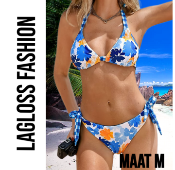 LaGloss Dames Blauwe Tropische Print Bikini Set Met Haltertop en Omkeerbaar Broekje – Maat M