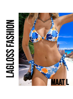 LaGloss Dames Blauwe Tropische Print Bikini Set Met Haltertop en Omkeerbaar Broekje – Maat L
