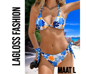LaGloss Dames Blauwe Tropische Print Bikini Set Met Haltertop en Omkeerbaar Broekje – Maat L