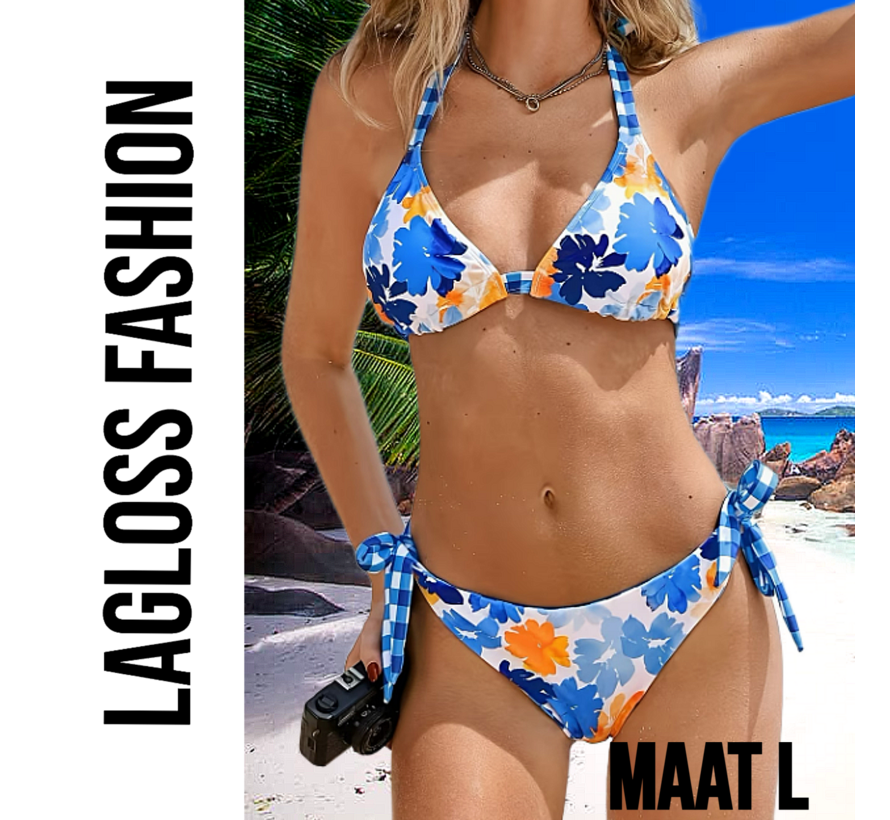 LaGloss® Dames Blauwe Tropische Print Bikini Set Met Haltertop en Omkeerbaar Broekje – Zomer mode – Beach fashion – Maat S