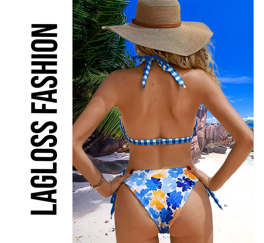LaGloss® Dames Blauwe Tropische Print Bikini Set Met Haltertop en Omkeerbaar Broekje – Zomer mode – Beach fashion – Maat XL