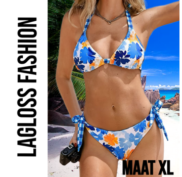 LaGloss Dames Blauwe Tropische Print Bikini Set Met Haltertop en Omkeerbaar Broekje – Maat XL