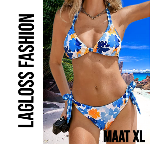 LaGloss LaGloss® Dames Blauwe Tropische Print Bikini Set Met Haltertop en Omkeerbaar Broekje – Zomer mode – Beach fashion – Maat XL