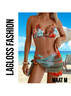 LaGloss 3-Delige Bikini Set Dames Tropische Print met Wikkelrok – Maat M
