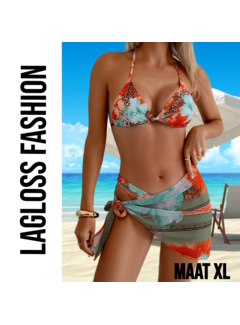 LaGloss 3-Delige Bikini Set Dames Tropische Print met Wikkelrok – Maat XL