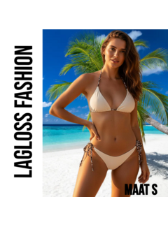 LaGloss Dames Crème kleurige Bikini Set met Luipaardprint Bindkoorden – Maat S