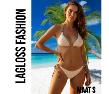 LaGloss Dames Crème kleurige Bikini Set met Luipaardprint Bindkoorden – Maat S