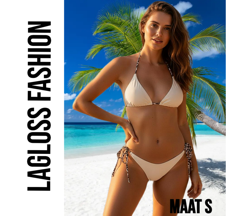 LaGloss® Dames Crème kleurige Bikini Set met Luipaardprint Bindkoorden - Halter Top – String Broekje – Low Waist – Zomer – Beach Fashion – Maat S