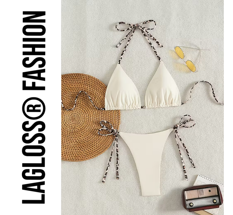 LaGloss® Dames Crème kleurige Bikini Set met Luipaardprint Bindkoorden - Halter Top – String Broekje – Low Waist – Zomer – Beach Fashion – Maat S