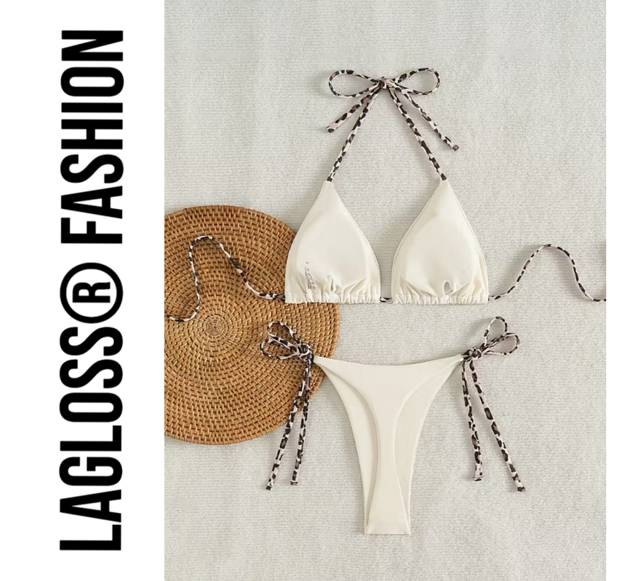 LaGloss® Dames Crème kleurige Bikini Set met Luipaardprint Bindkoorden - Halter Top – String Broekje – Low Waist – Zomer – Beach Fashion – Maat S