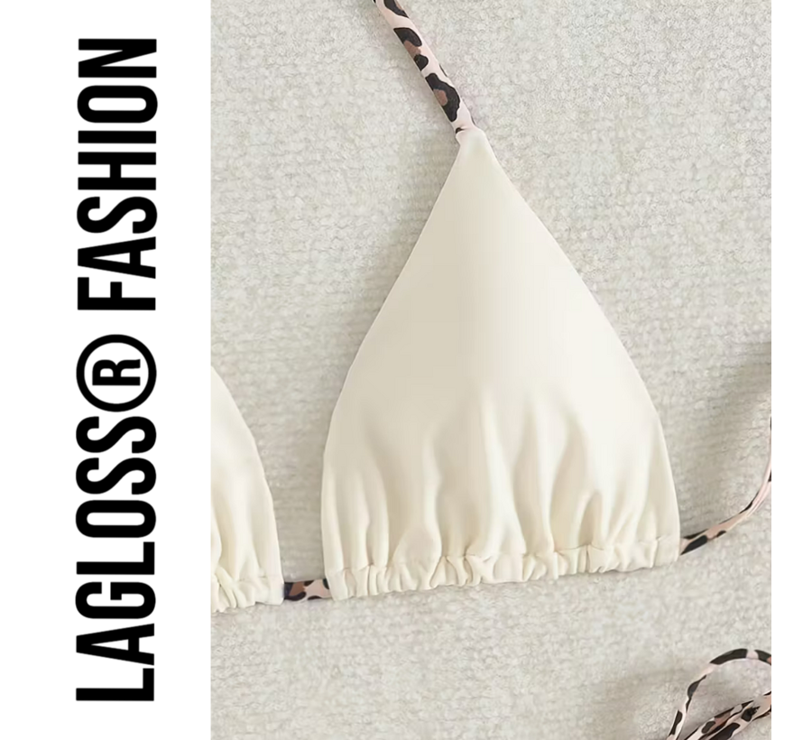 LaGloss® Dames Crème kleurige Bikini Set met Luipaardprint Bindkoorden - Halter Top – String Broekje – Low Waist – Zomer – Beach Fashion – Maat S