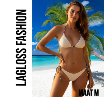 LaGloss Dames Crème kleurige Bikini Set met Luipaardprint Bindkoorden – Maat M