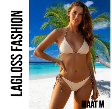 LaGloss Dames Crème kleurige Bikini Set met Luipaardprint Bindkoorden – Maat M