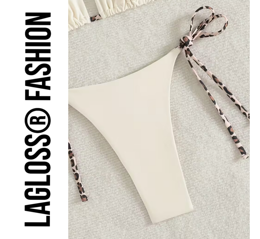 LaGloss® Dames Crème kleurige Bikini Set met Luipaardprint Bindkoorden - Halter Top – String Broekje – Low Waist – Zomer – Beach Fashion – Maat L