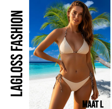 LaGloss Dames Crème kleurige Bikini Set met Luipaardprint Bindkoorden – Maat L