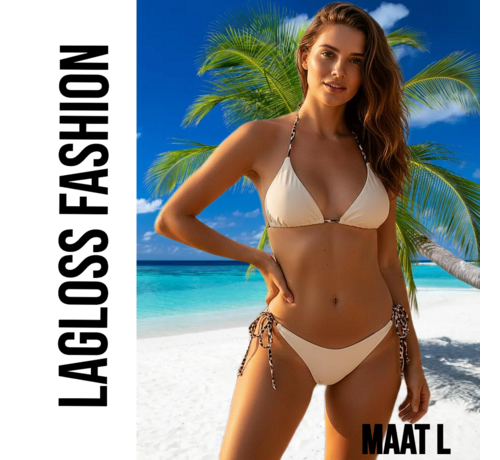 LaGloss LaGloss® Dames Crème kleurige Bikini Set met Luipaardprint Bindkoorden - Halter Top – String Broekje – Low Waist – Zomer – Beach Fashion – Maat L