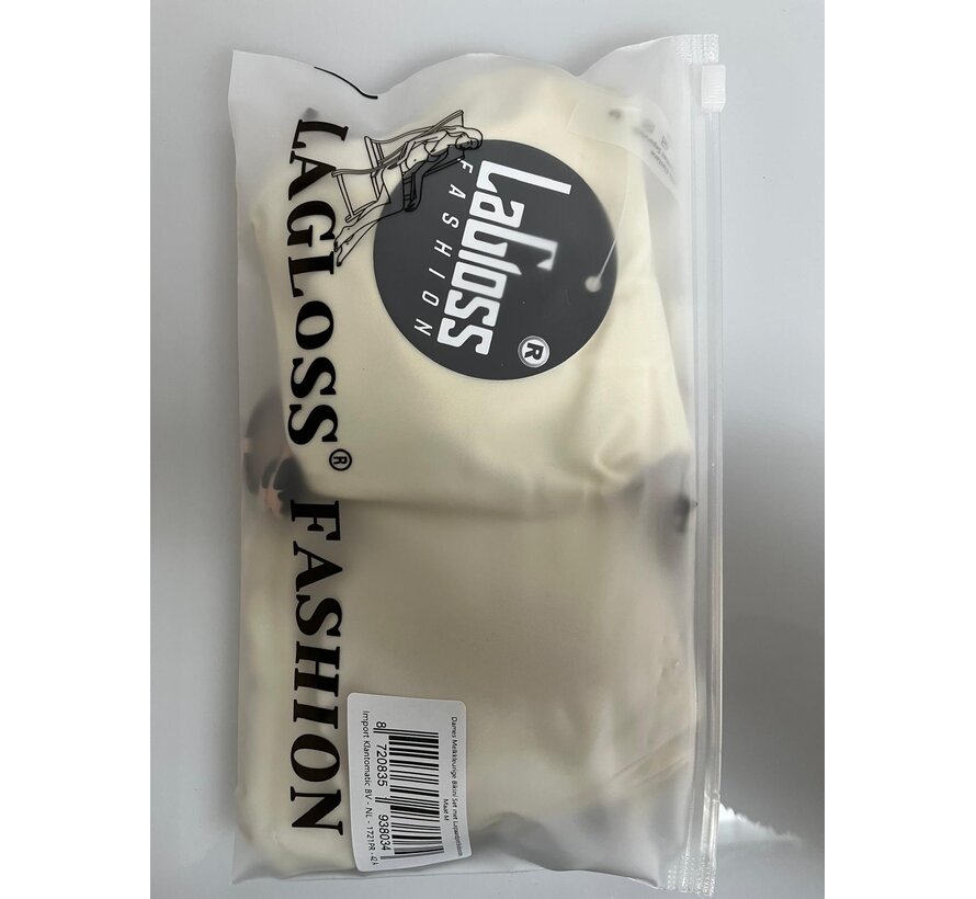 LaGloss® Dames Melkkleurige Bikini Set met Luipaardprint Bindkoorden - Halter Top – String Broekje – Low Waist – Zomer – Beach Fashion – Maat M