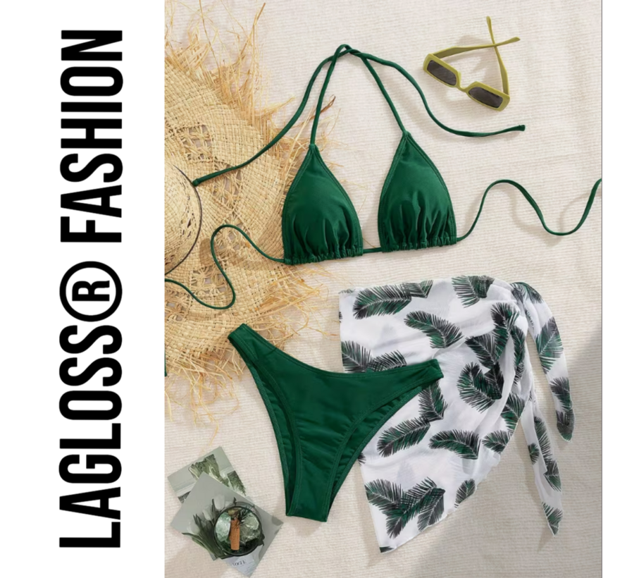 LaGloss® 3-Delige Bikini Set Groen met Wikkelrok – Strand/Beach Swimsuit -Maat XXL Zomer Badmode %%