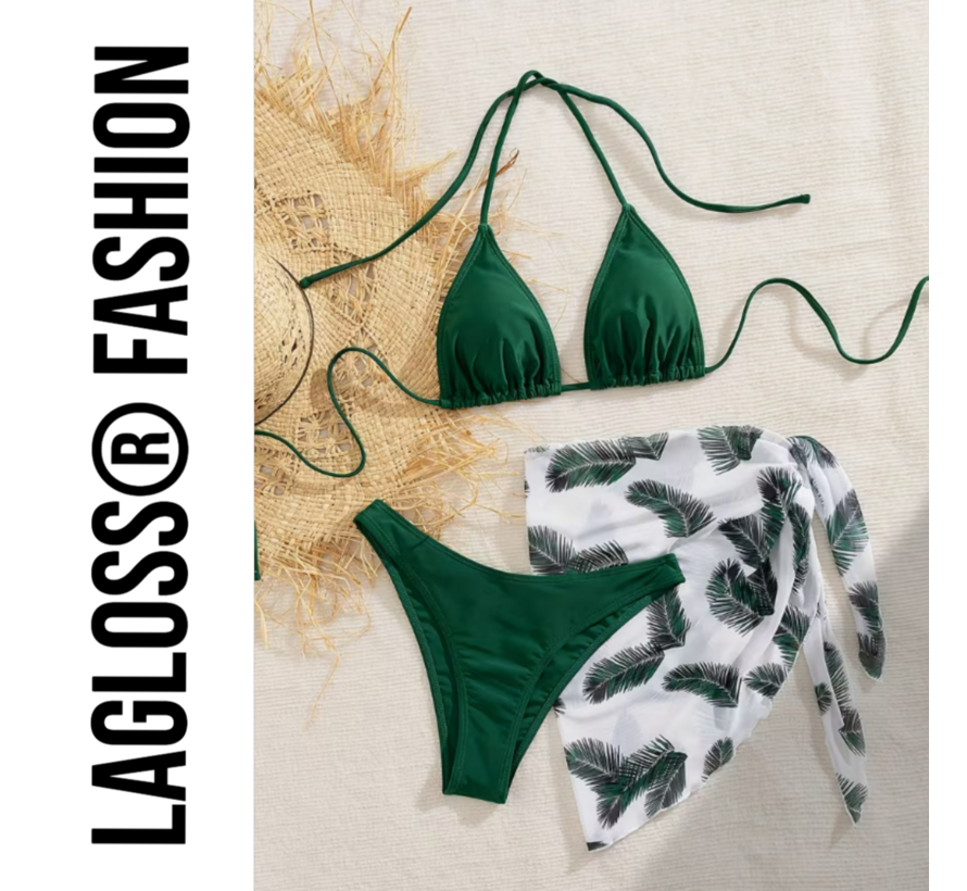 LaGloss® 3-Delige Bikini Set Groen met Wikkelrok – Strand/Beach Swimsuit - Zomer Badmode -Maat M