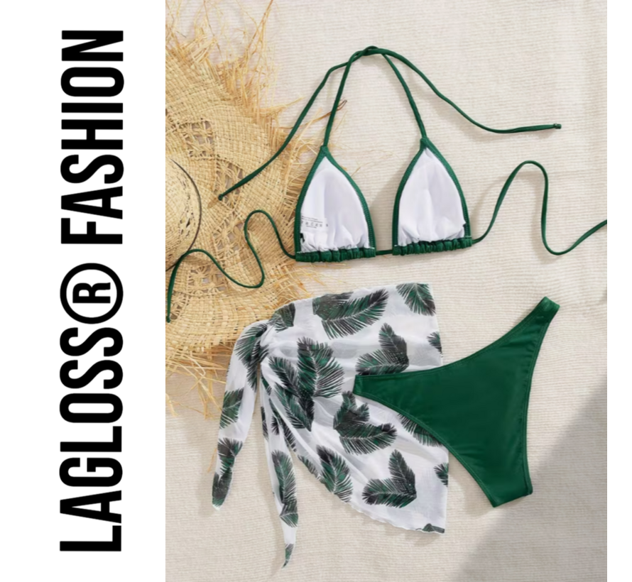 LaGloss® 3-Delige Bikini Set Groen met Wikkelrok – Strand/Beach Swimsuit - Zomer Badmode -Maat M