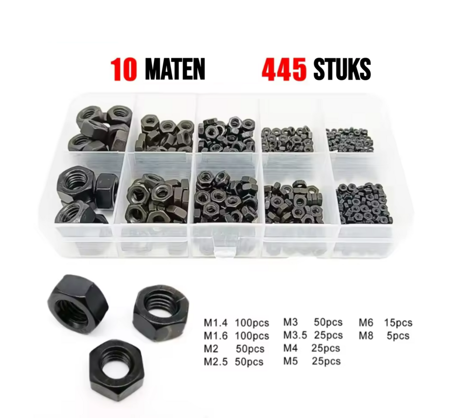 445 Stuks Zwarte Din934 Kleine Micro Hex Zeskant Moeren Set Assortiment - 304 Roestvrij Staal Messing M1.4 M1.6 M2 M2.5 M3 M3 M3.5 M4 M5 M6 M8 Box