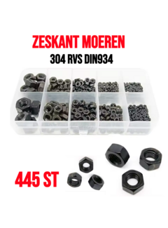 Allernieuwste.nl® 445 Stuks Zwarte Din934 Kleine Micro Hex Zeskant Moeren Set Assortiment - 304 RVS