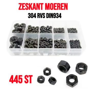 Allernieuwste.nl® 445 Stuks Zwarte Din934 Kleine Micro Hex Zeskant Moeren Set Assortiment - 304 RVS