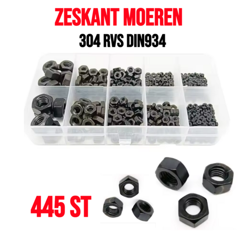 Allernieuwste.nl® 445 Stuks Zwarte Din934 Kleine Micro Hex Zeskant Moeren Set Assortiment - 304 Roestvrij Staal Messing M1.4 M1.6 M2 M2.5 M3 M3 M3.5 M4 M5 M6 M8 Box