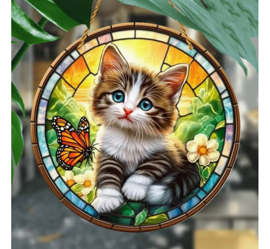 Allernieuwste.nl® Raamhanger Poesje met Vlinder – Perfect Cadeau - 20 x 20 cm