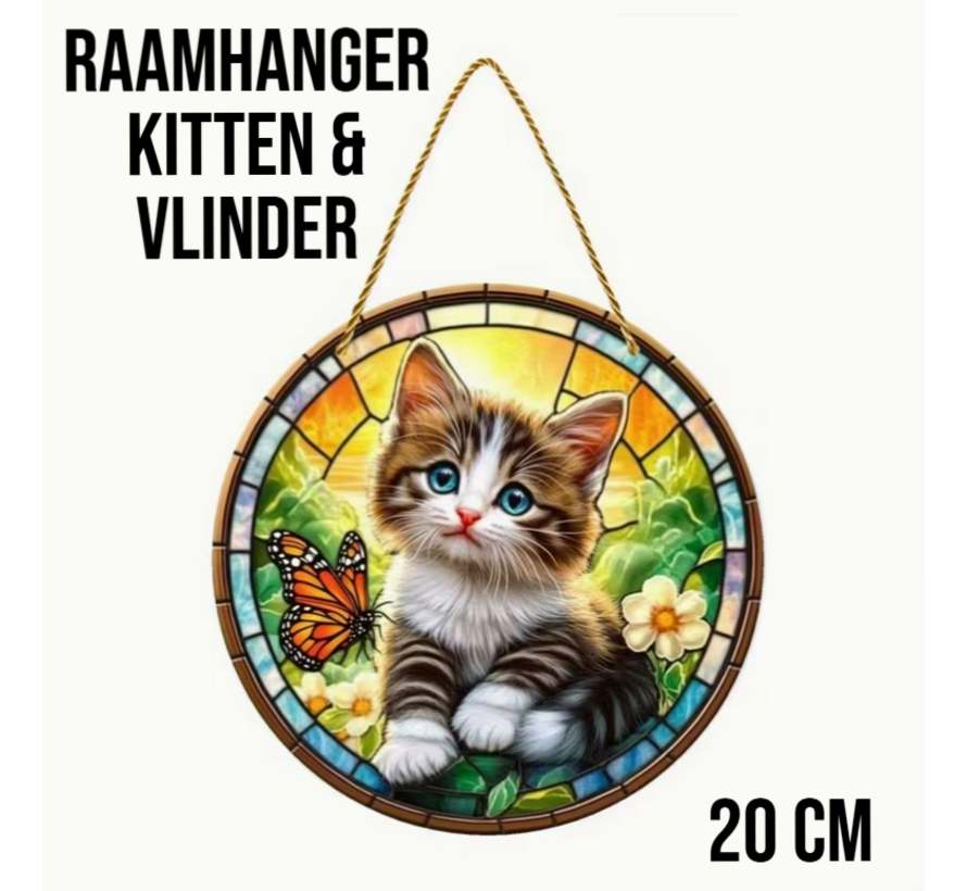 Allernieuwste.nl® Raamhanger Poesje met Vlinder – Perfect Cadeau - 20 x 20 cm