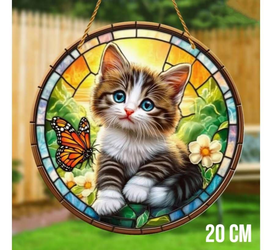 Allernieuwste.nl® Raamhanger Poesje met Vlinder – Perfect Cadeau - 20 x 20 cm