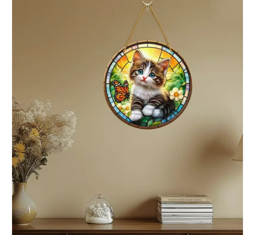 Allernieuwste.nl® Raamhanger Poesje met Vlinder – Perfect Cadeau - 20 x 20 cm