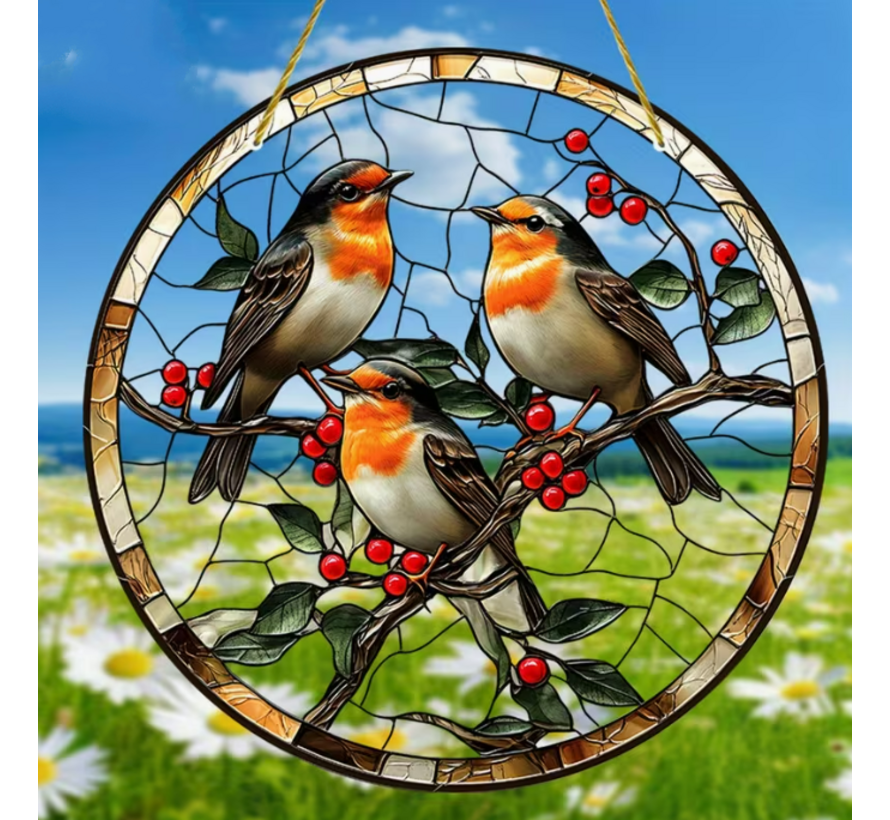 Allernieuwste.nl® Raamhanger Drie Levendige Roodborstjes – Perfect Cadeau - 20 x 20 cm