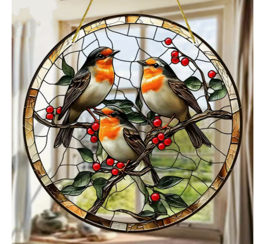 Allernieuwste.nl® Raamhanger Drie Levendige Roodborstjes – Perfect Cadeau - 20 x 20 cm