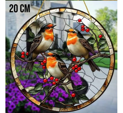 Allernieuwste.nl Allernieuwste.nl® Raamhanger Drie Levendige Roodborstjes – Perfect Cadeau - 20 x 20 cm