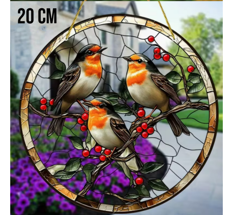 Allernieuwste.nl® Raamhanger Drie Levendige Roodborstjes – Perfect Cadeau - 20 x 20 cm