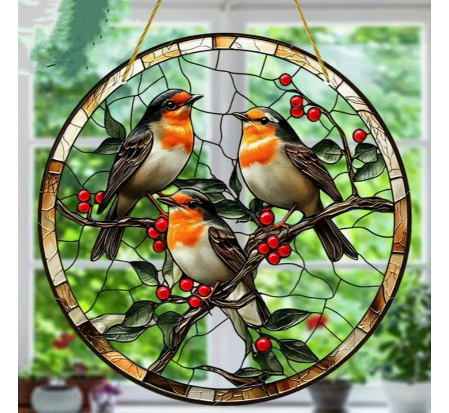 Allernieuwste.nl® Raamhanger Drie Levendige Roodborstjes – Perfect Cadeau - 20 x 20 cm