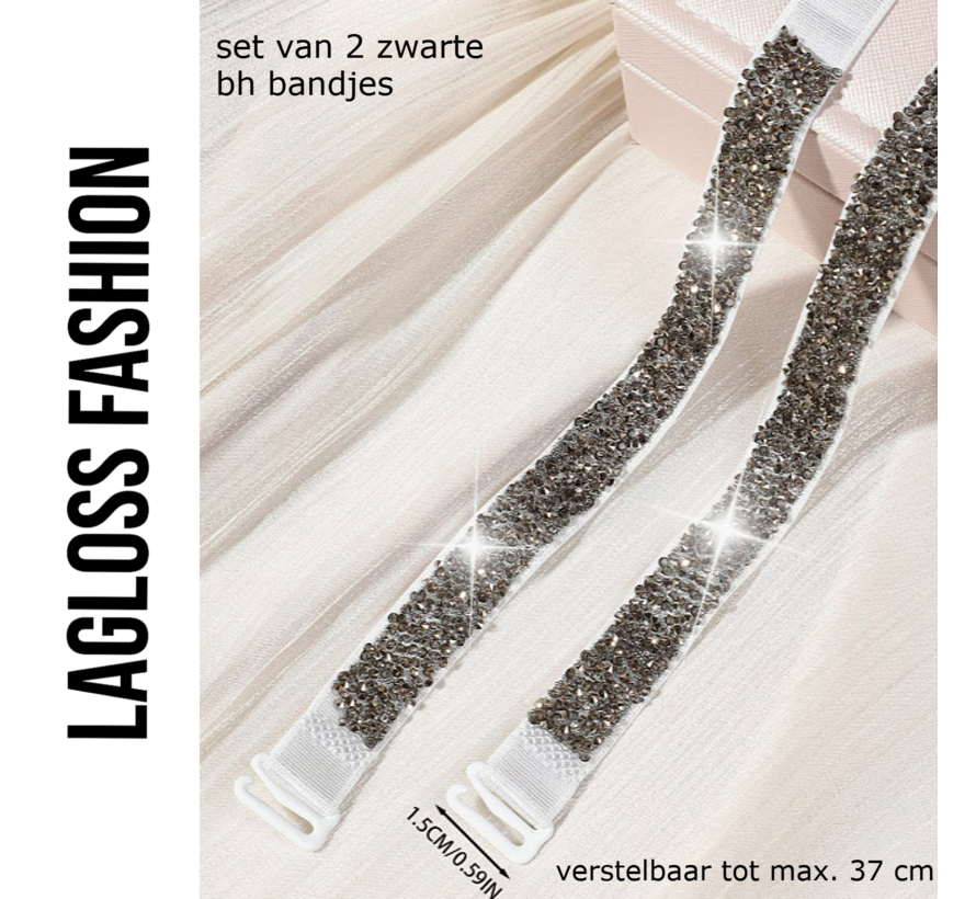 LaGloss® 2 Stuks Zwarte BH Schouderbandjes met Zwarte Steentjes – Verstelbare & Afneembare Glanzende BH Bandjes - Elegant Strap Accessoire voor Feest, Gala & Speciale Gelegenheden - Zwart