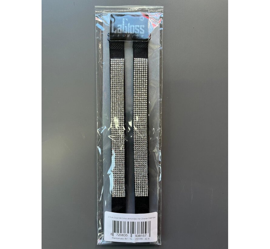 LaGloss® 2 Stuks Zwart BH Schouderbandjes met Zilveren Steentjes – Verstelbare & Afneembare Glanzende BH Bandjes - Elegant Strap Accessoire voor Feest, Gala & Speciale Gelegenheden