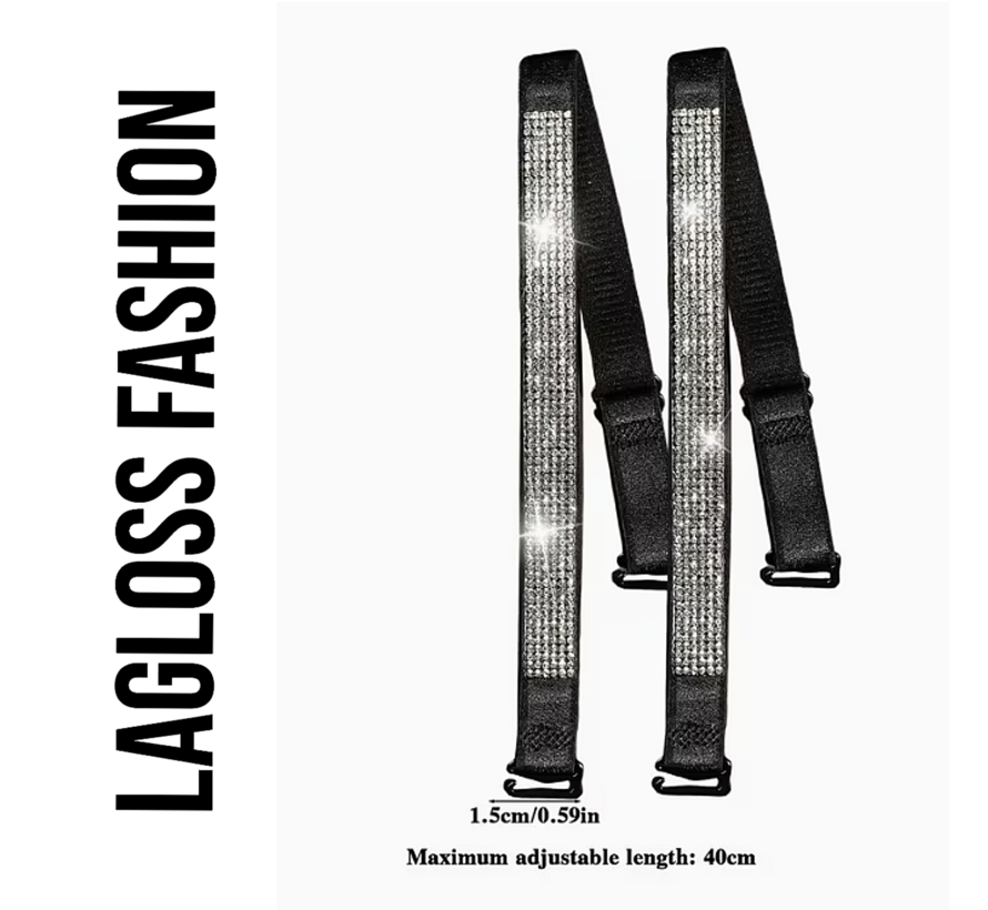 LaGloss® 2 Stuks Zwart BH Schouderbandjes met Zilveren Steentjes – Verstelbare & Afneembare Glanzende BH Bandjes - Elegant Strap Accessoire voor Feest, Gala & Speciale Gelegenheden