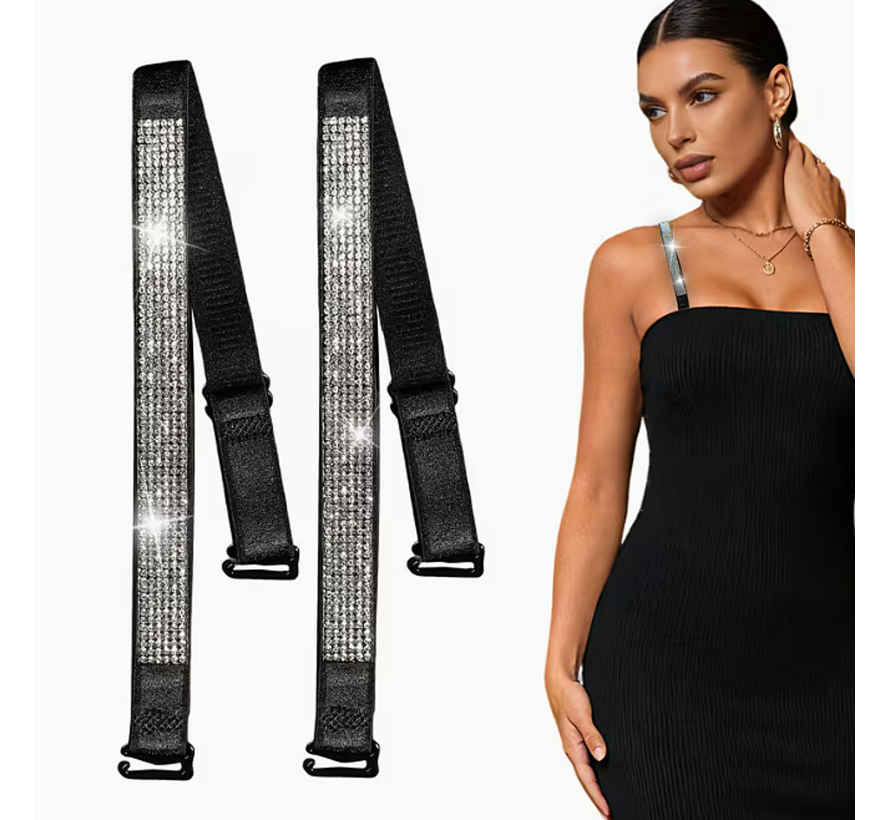 LaGloss® 2 Stuks Zwart BH Schouderbandjes met Zilveren Steentjes – Verstelbare & Afneembare Glanzende BH Bandjes - Elegant Strap Accessoire voor Feest, Gala & Speciale Gelegenheden