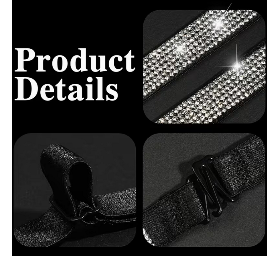 LaGloss® 2 Stuks Zwart BH Schouderbandjes met Zilveren Steentjes – Verstelbare & Afneembare Glanzende BH Bandjes - Elegant Strap Accessoire voor Feest, Gala & Speciale Gelegenheden