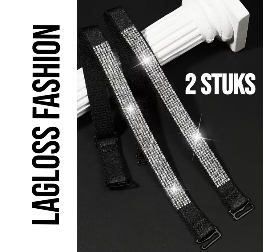 LaGloss® 2 Stuks Zwart BH Schouderbandjes met Zilveren Steentjes – Verstelbare & Afneembare Glanzende BH Bandjes - Elegant Strap Accessoire voor Feest, Gala & Speciale Gelegenheden