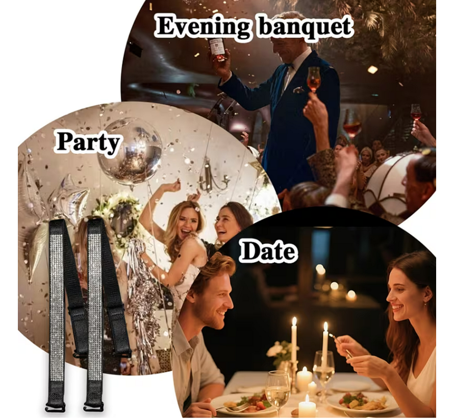 LaGloss® 2 Stuks Zwart BH Schouderbandjes met Zilveren Steentjes – Verstelbare & Afneembare Glanzende BH Bandjes - Elegant Strap Accessoire voor Feest, Gala & Speciale Gelegenheden