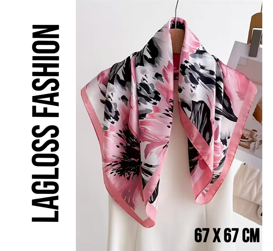LaGloss® Vierkante Dames Sjaal met Bloemenprint – Roze Zachte Glans – Dunne Omslagdoek – 67 x 67 cm